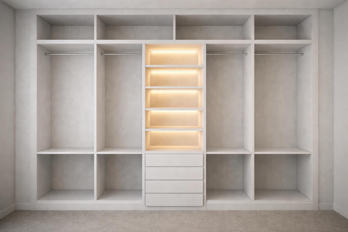 Closet em drywall com nichos e iluminação