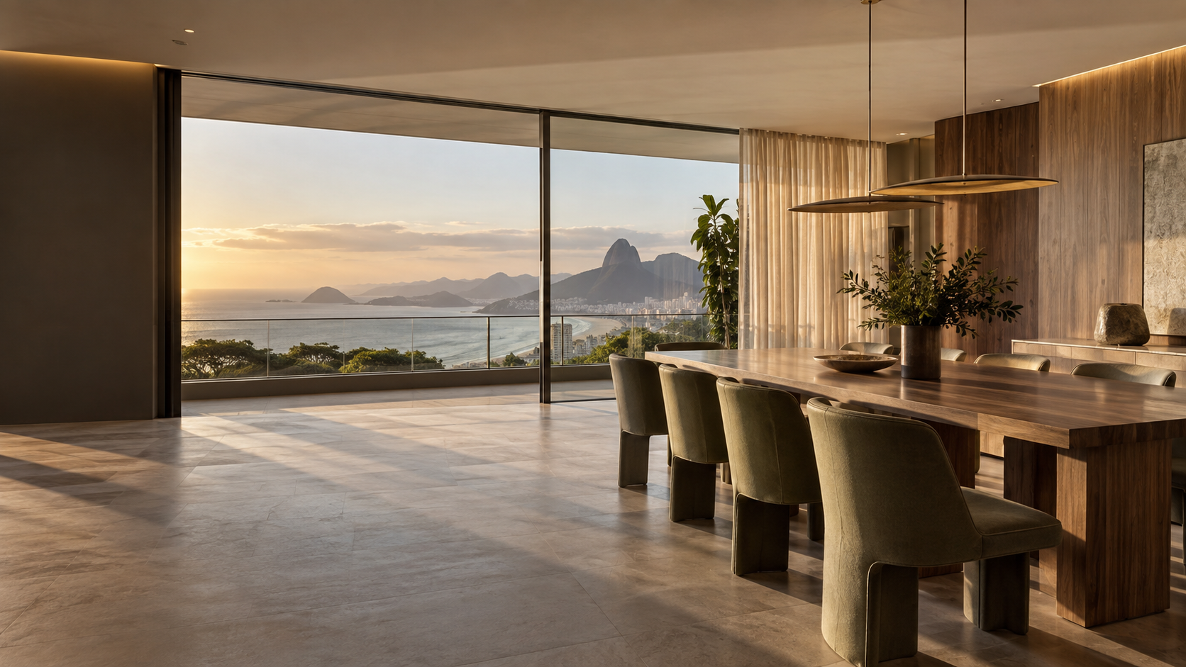 Imagem conceitual de sala de jantar com madeira e luz natural